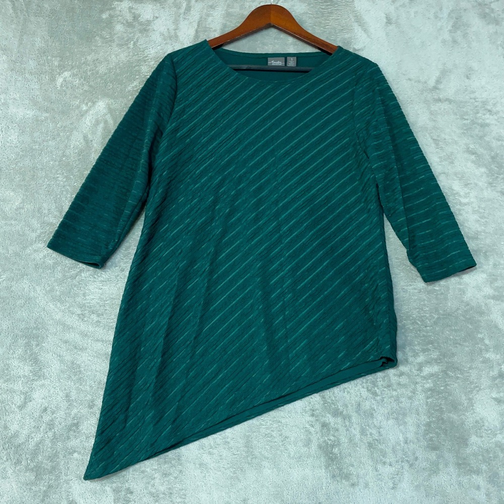 Chico's Women's 1/M Green Travelers Asymmetric Tunic Top Textured